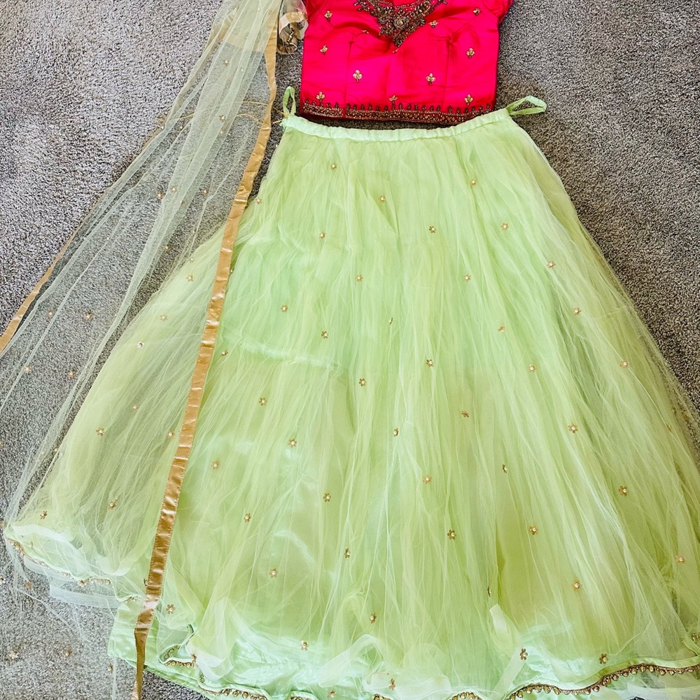 New mint green and pink embroidered net A line designer lehenga